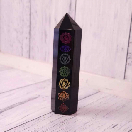 Turn de cristal din Obsidian Negru 9-10 cm cu cele 7 Chakre - Baghetă hexagonală pentru vindecare, reiki și decor pentru casă și birou [3]