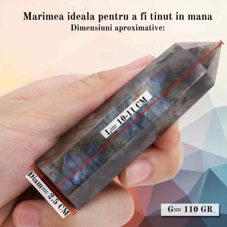 Bagheta din cristal natural de labradorit 10-11 cm -  Turn de cristal vindecator, baghete mari naturale cu 6 puncte fatetate pentru Reiki, chakra, meditatie, colectie, decor acasa [1]