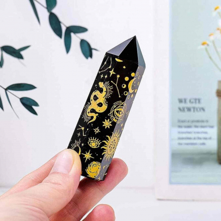 Turn din Cristal de Obsidian Natural de 9-10 cm cu Model Stea si Luna Acoperit cu Auriu -  Bagheta pentru decor, meditatie [2]