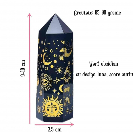 Turn din Cristal de Obsidian Natural de 9-10 cm cu Model Stea si Luna Acoperit cu Auriu -  Bagheta pentru decor, meditatie [1]