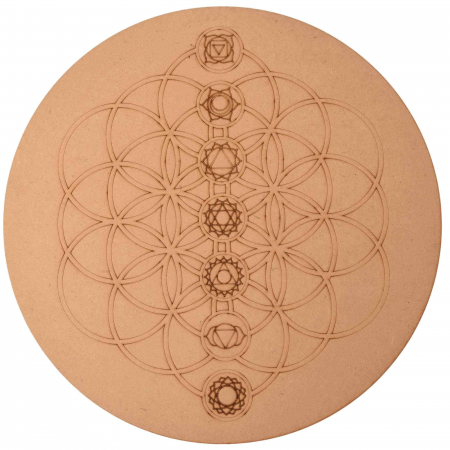 Accesorii pentru Cristale și Pietre - Placa pentru Cristale cu Geometrie Sacra pentru Cele Sapte Chakre - Grid din Lemn MDF 30 cm