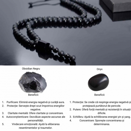 Colier cu Margele din Obsidian Negru si Onyx model Y Piatra Naturala Bruta de Obsidian Accesorizata cu Margele de Cristal Onyx pentru Rugaciune, Vindecare si Energie Reiki [3]