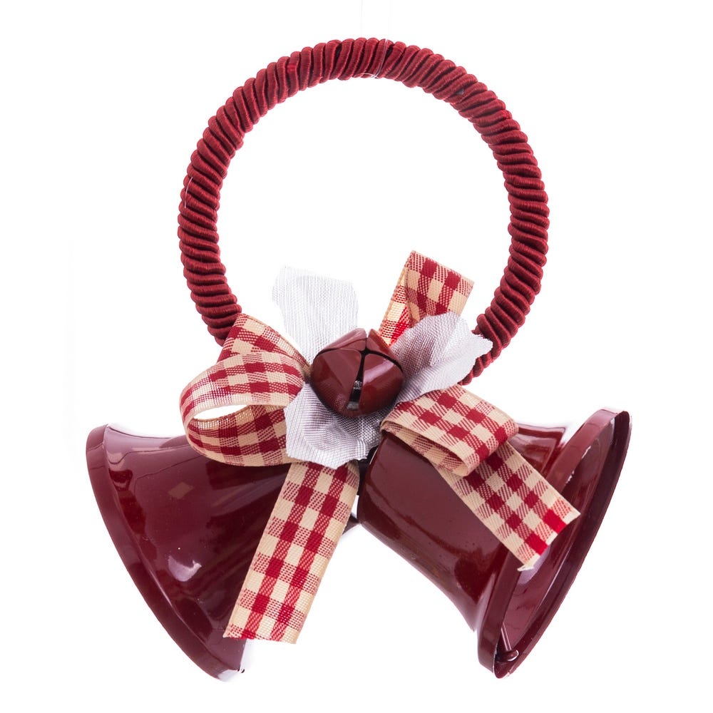Clasic - Set 12 perechi de clopote roșii cu inel de frânghie grena fundă în carouri roșii și albe