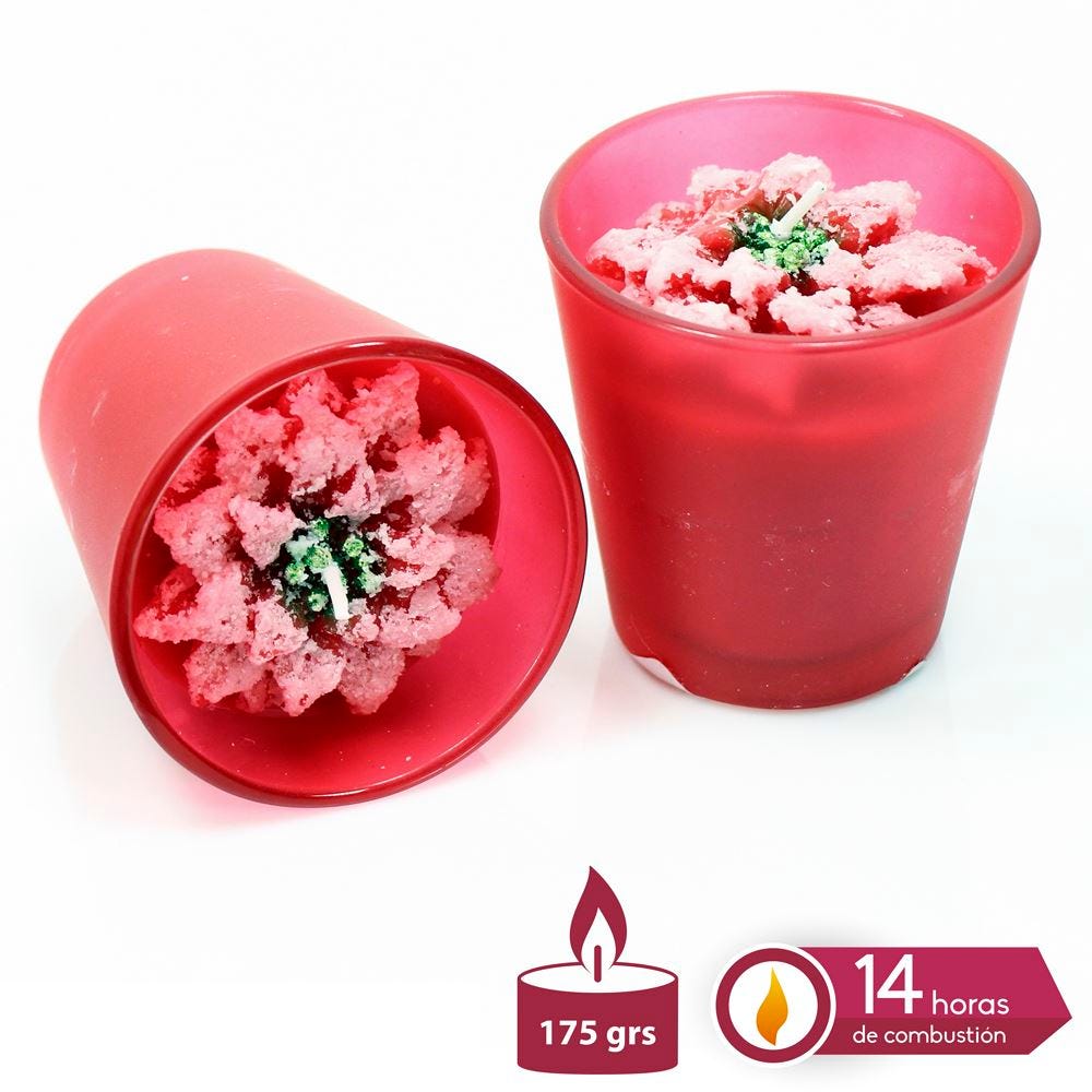 Lumânare în pahar roșu mat cu floare de poinsettia roz și fitil central pentru masa de Crăciun [7]
