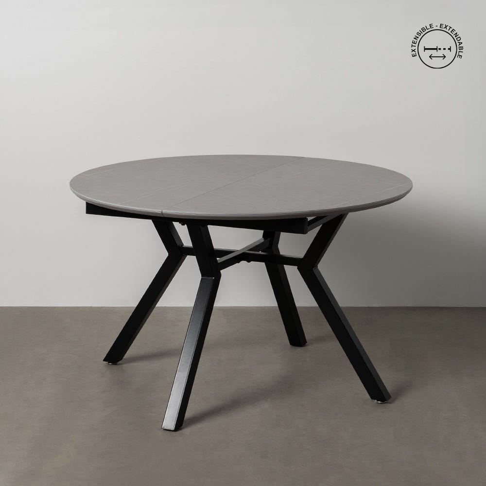 Masă dining extensibilă rotundă cu blat ceramic gri