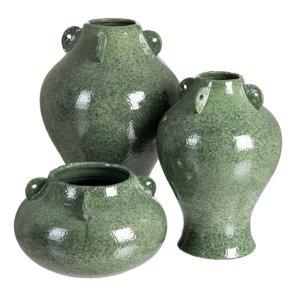 Vază decorativă din ceramică verde cu glazură lucioasă – gât scurt cu aplicații și bază evazată [2]