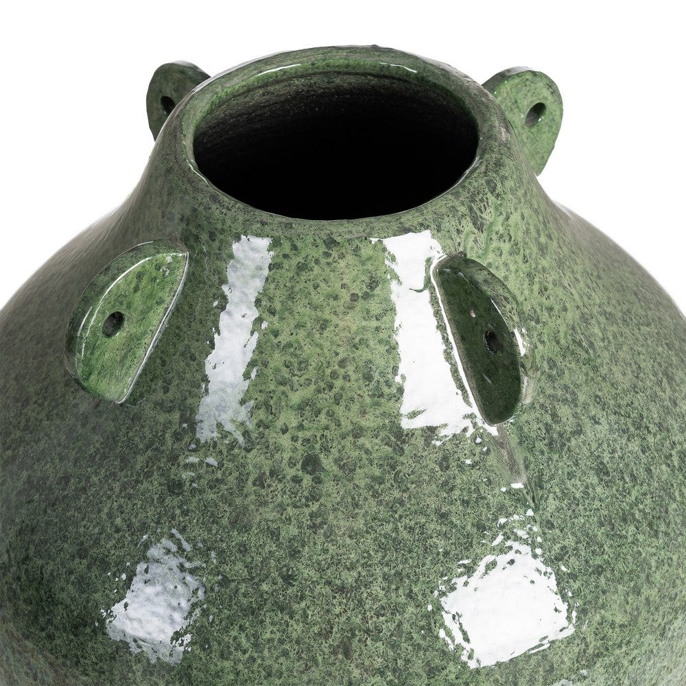 Vază decorativă din ceramică verde cu glazură lucioasă – gât scurt cu aplicații și bază evazată [3]
