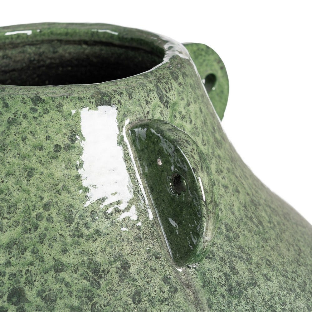 Vază decorativă din ceramică verde cu glazură lucioasă – gât scurt cu aplicații și bază evazată [4]