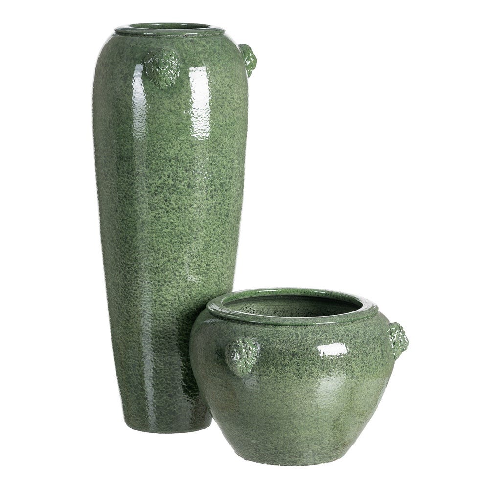 Vază decorativă din ceramică verde glazurată cu siluetă înaltă cilindrică – imagine principală cu detalii relief [2]