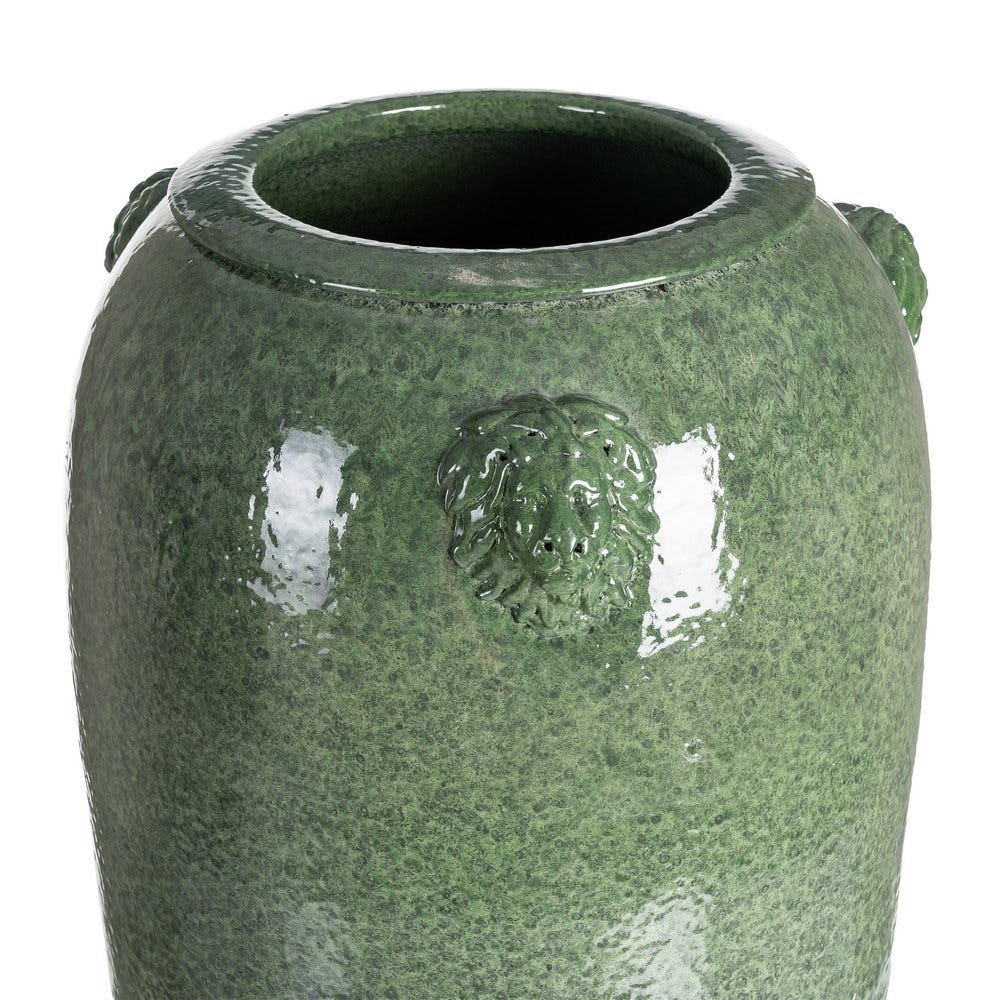 Vază decorativă din ceramică verde glazurată cu siluetă înaltă cilindrică – imagine principală cu detalii relief [3]