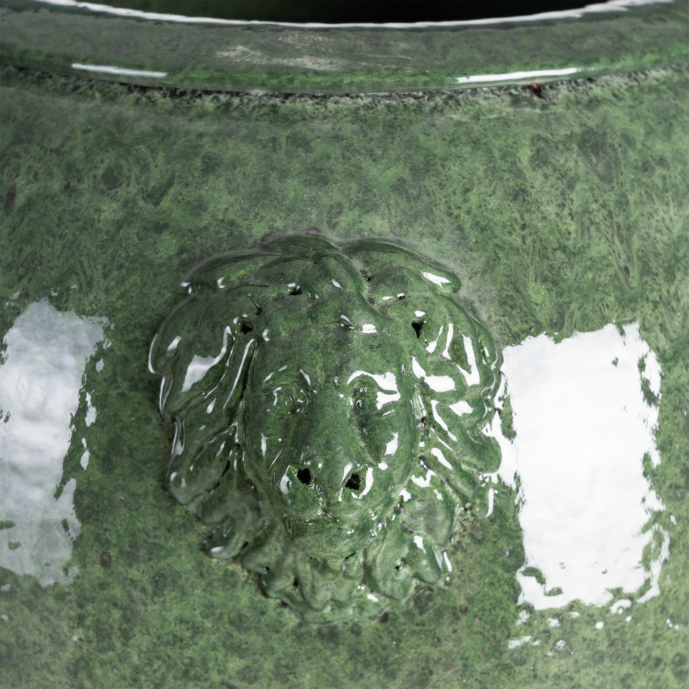 Vază decorativă din ceramică verde glazurată cu siluetă înaltă cilindrică – imagine principală cu detalii relief [4]