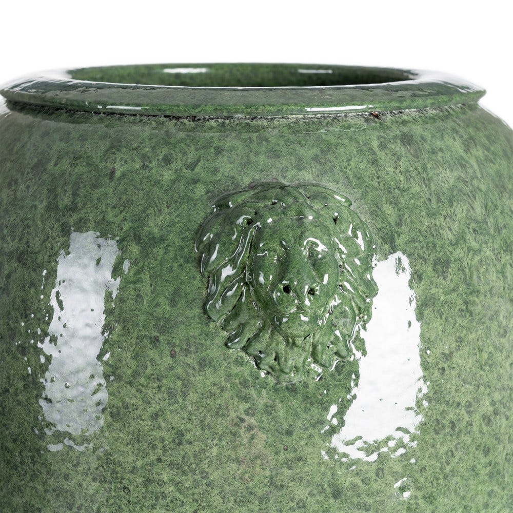 Vază decorativă din ceramică verde glazurată cu siluetă înaltă cilindrică – imagine principală cu detalii relief [5]