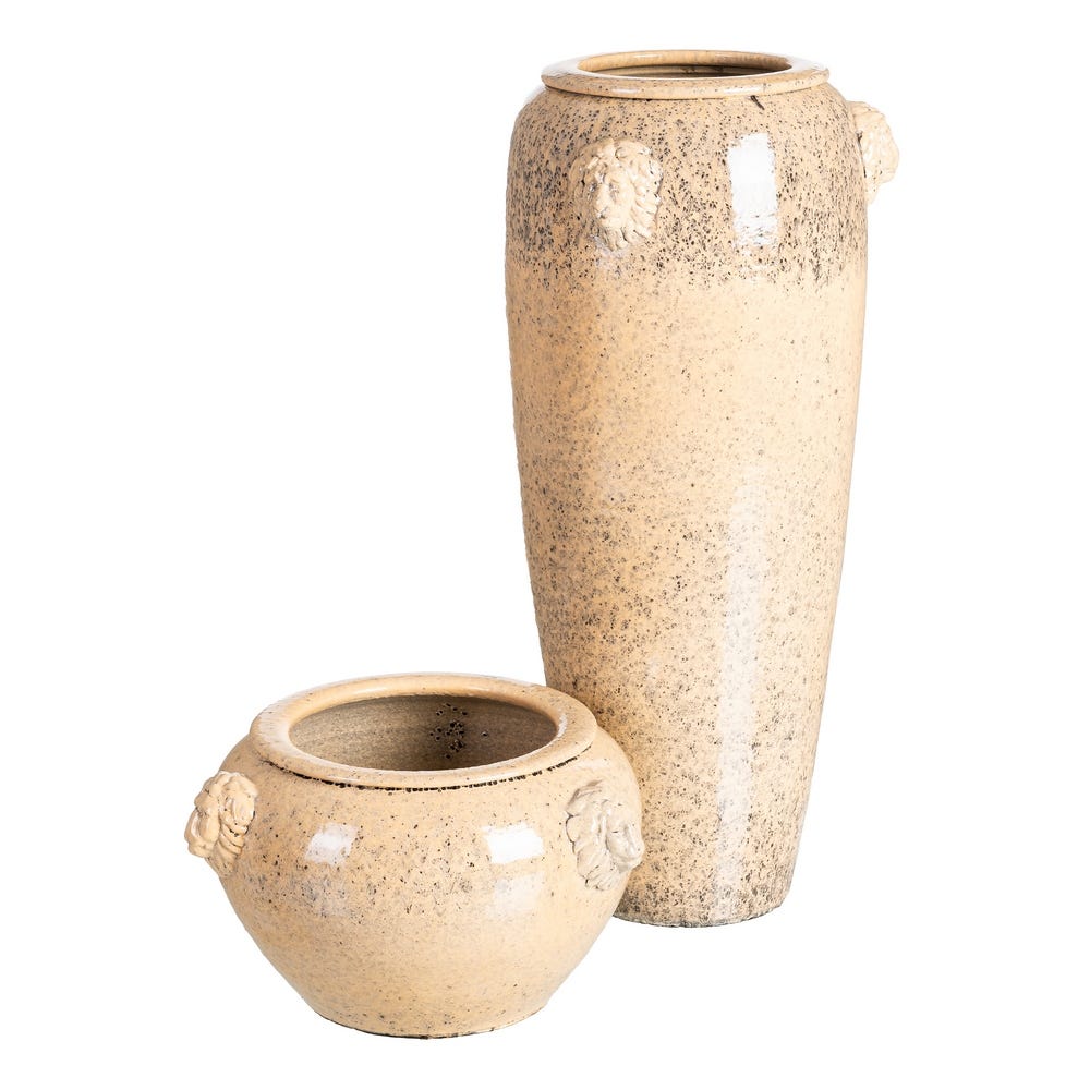 Ghiveci din ceramică crem glazurată cu profil rotunjit și aplicații relief [2]