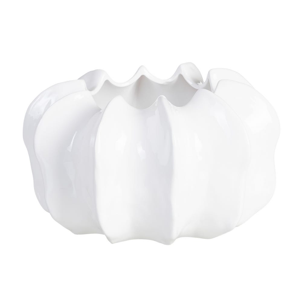 Colectia noua - Ghiveci din ceramică albă lucioasă cu volum sculptural ondulat și margine wavy