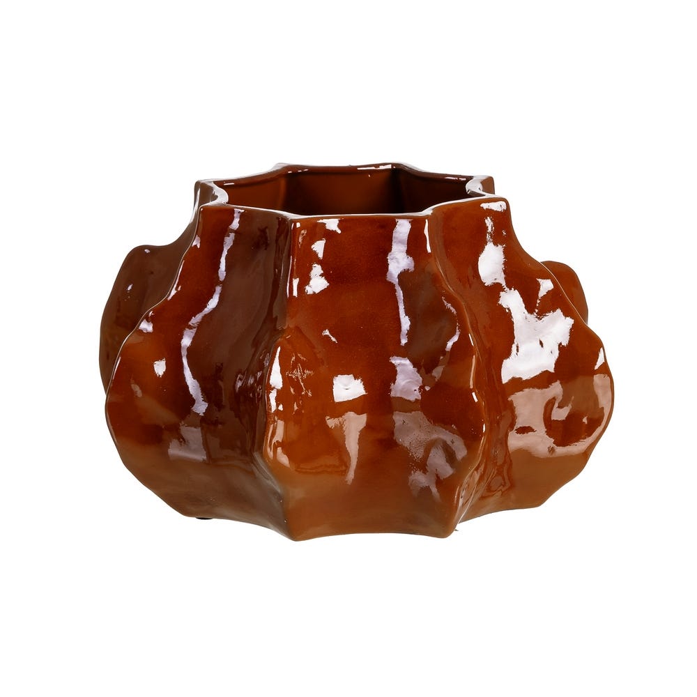 Colectia noua - Vază din ceramică teracotă lucioasă cu siluetă joasă sculpturală – imagine principală pe masă