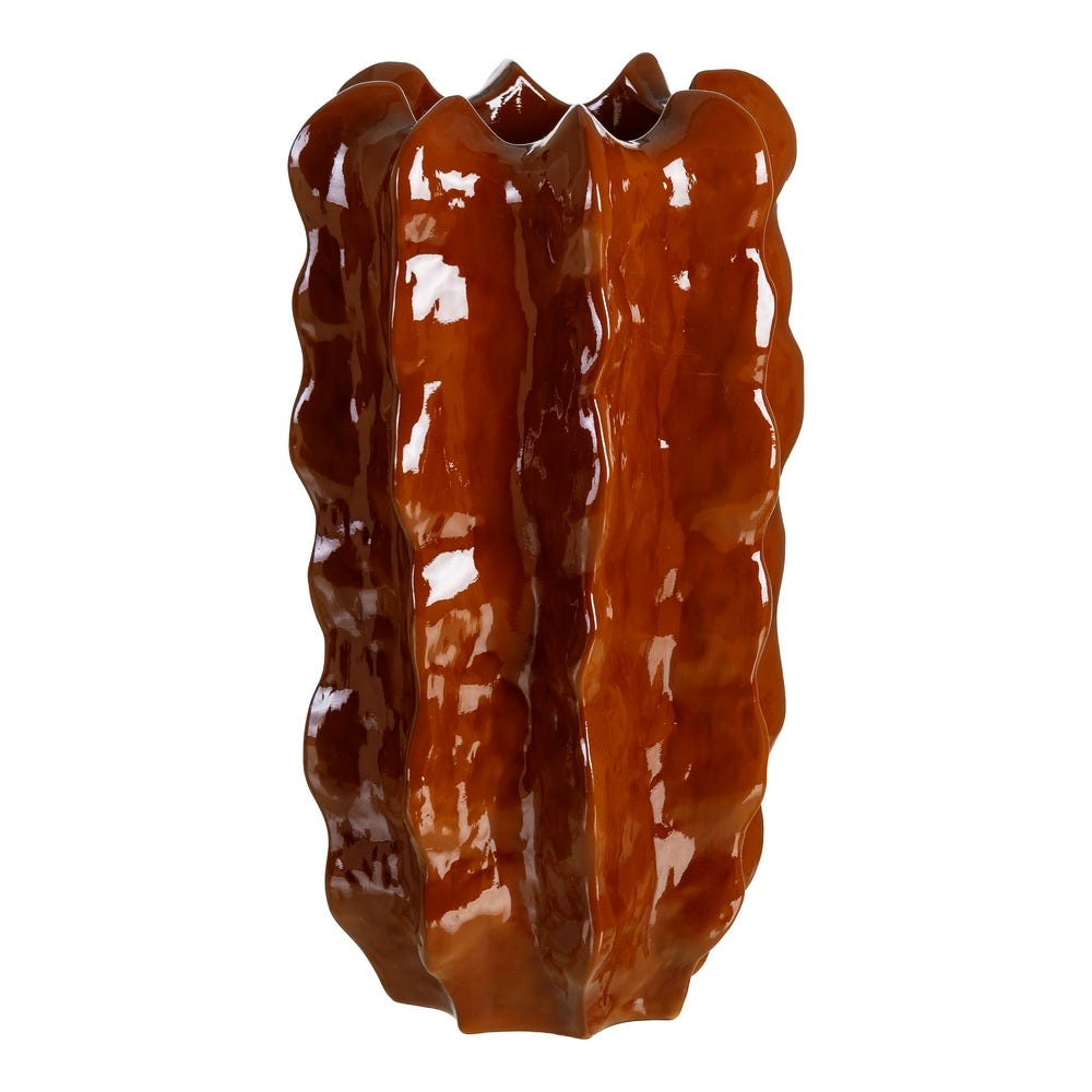 Vaze inalte de podea - Vază din ceramică teracotă lucioasă cu siluetă înaltă ondulată – imagine principală pe podea