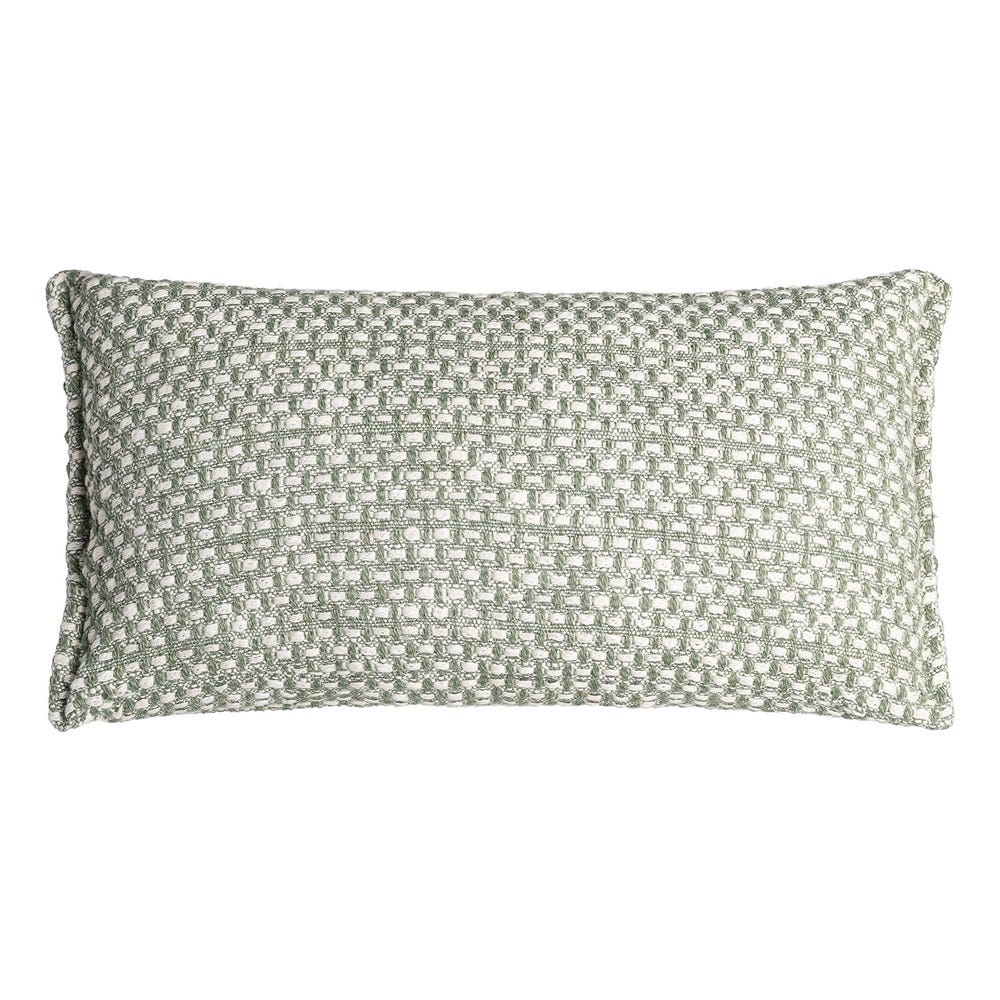 Boho - Set 2 perne decorative dreptunghiulare verde pal cu țesătură în relief tip fagure pe fundal alb