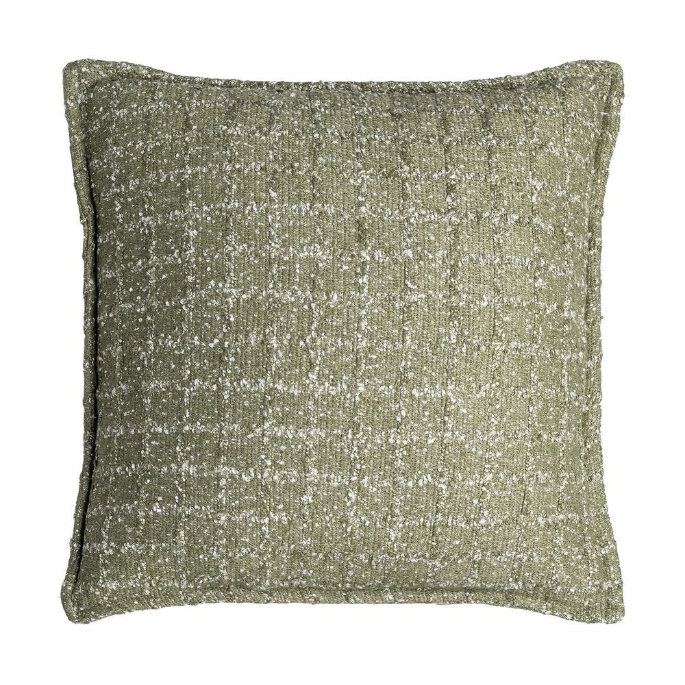 Boho - Set 2 perne decorative verde-măsliniu cu aspect de tweed și fire albe răsfirate pe fundal alb
