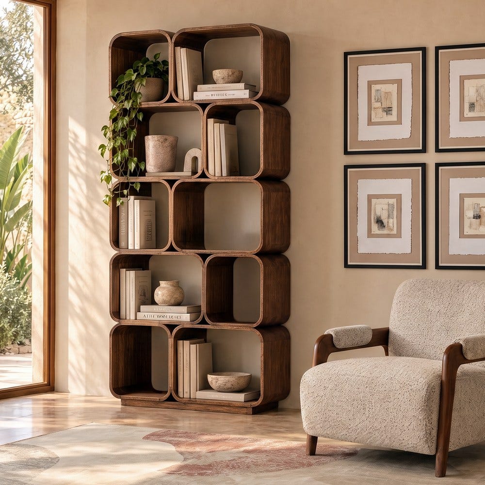 Biblioteci si Rafturi in Stil Rustic - Bibliotecă din lemn masiv de mango cu compartimente deschise rotunjite pe două coloane lângă un perete alb