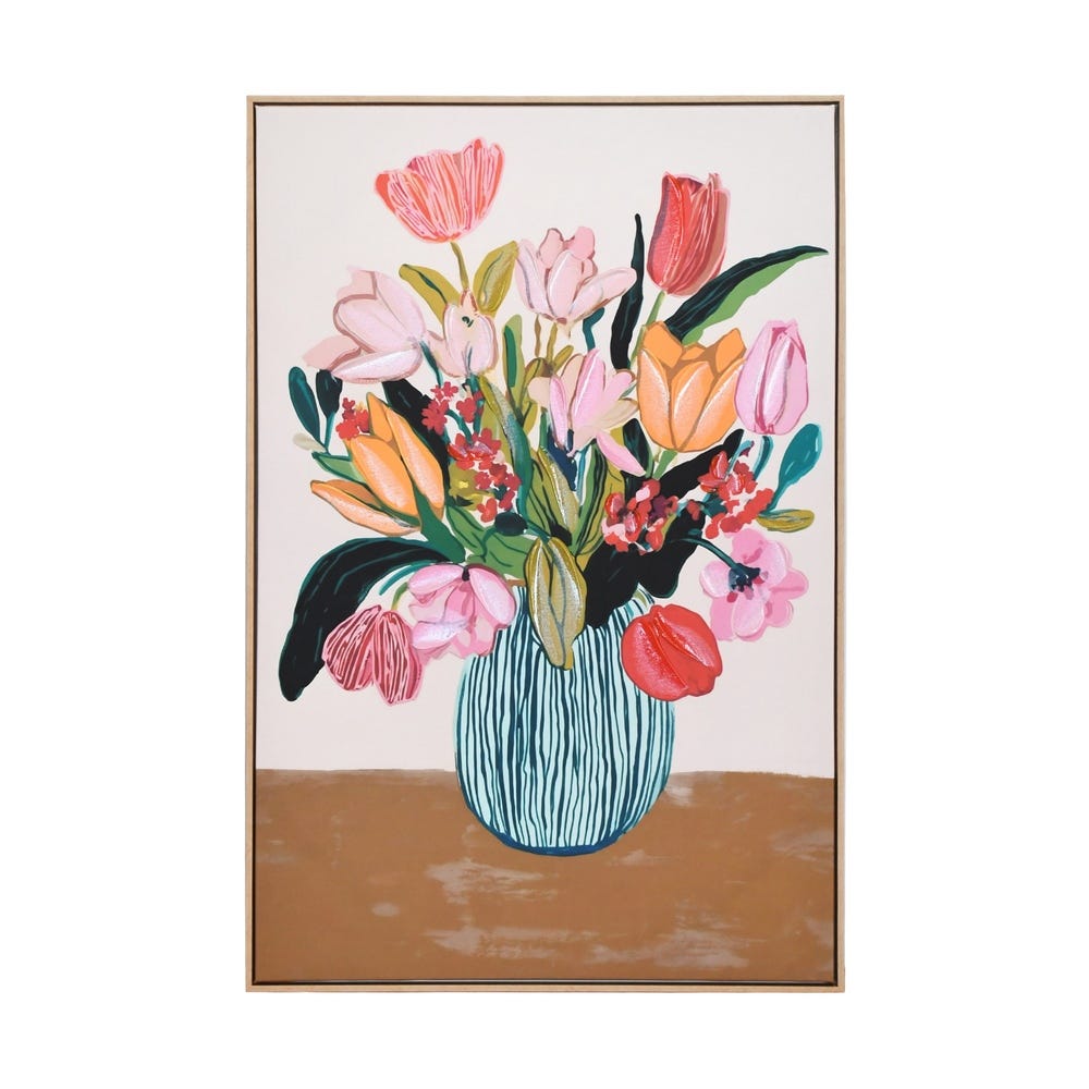 Decoratiuni perete in Stil Eclectic - Tablou imprimat pe pânză cu lalele roz și portocalii într-o vază cu dungi albastre pe fundal bej