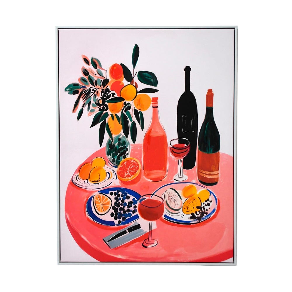 Decoratiuni perete in Stil Eclectic - Tablou imprimat pe pânză cu natură moartă pe masă roșie cu sticle de vin și fructe