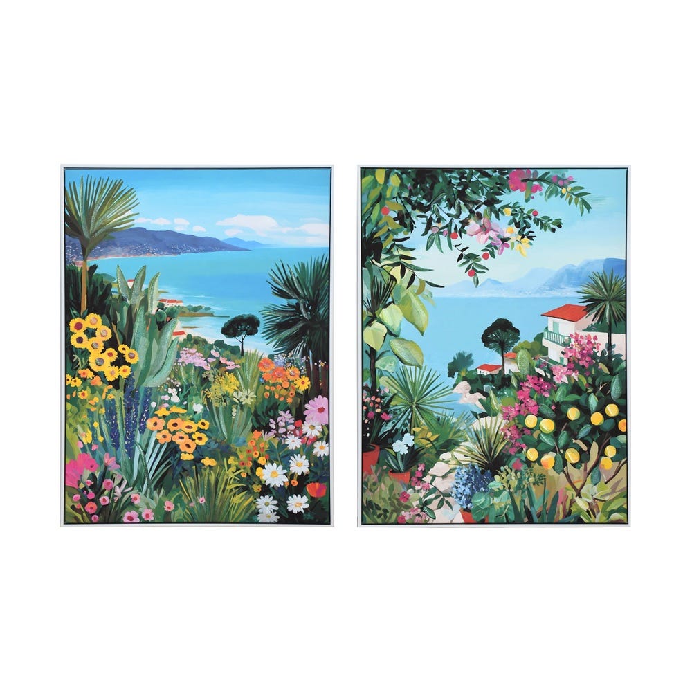Decoratiuni perete in Stil Eclectic - Set 2 tablouri imprimate pe pânză cu peisaj de coastă mediteraneană cu flori și mare turcoaz