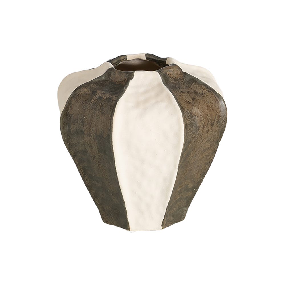 Stil de design - Set 2 vaze din ceramică cu dungi crem și maro închis cu corp fațetat și gură îngustă