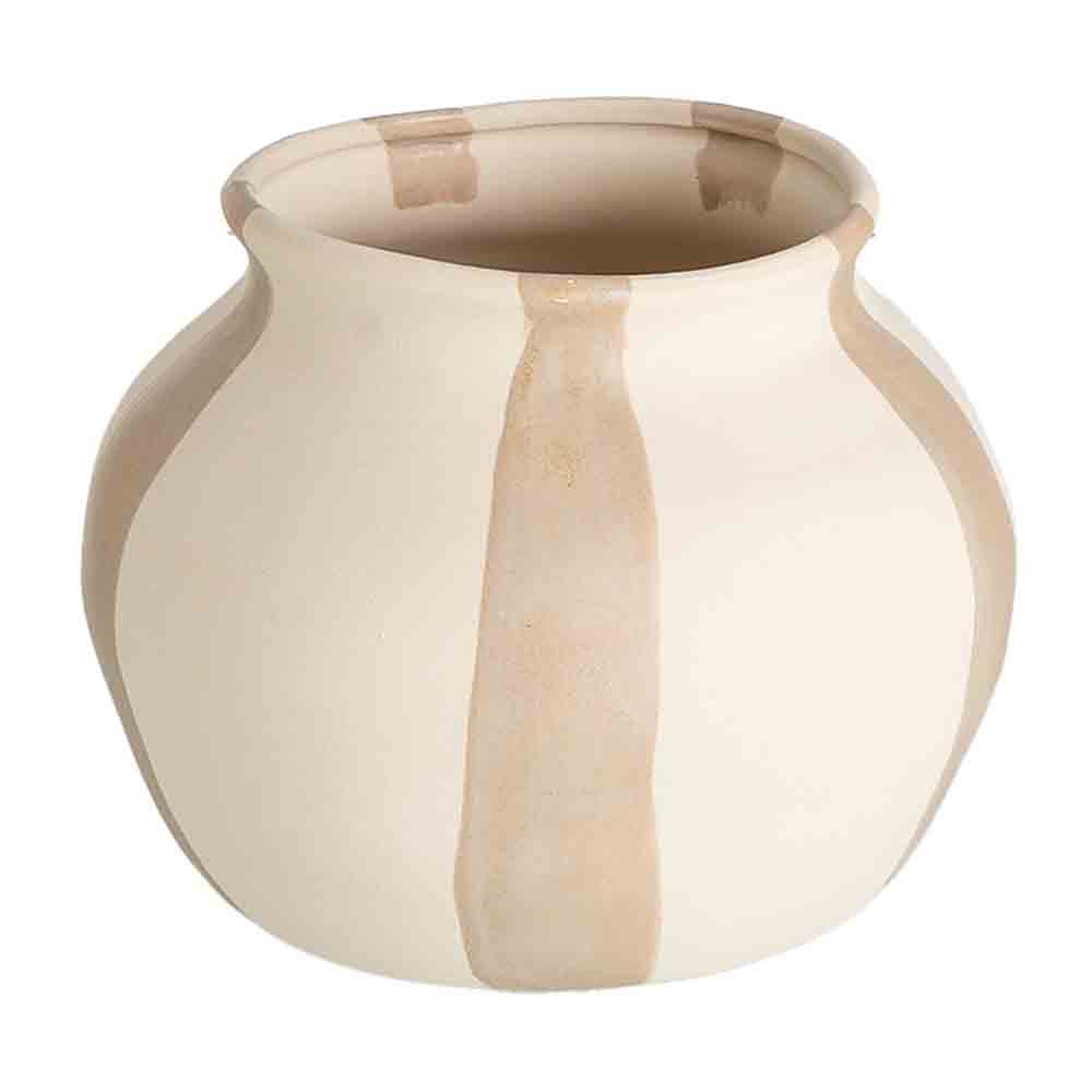 Mediteranean - Vază mare din ceramică cu dungi crem și bej cu corp rotund și gură largă