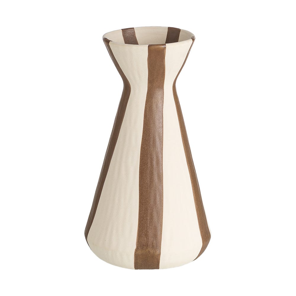 Stil de design - Vază subțire din ceramică mată cu dungi crem și maro cu talie îngustă și gură largă