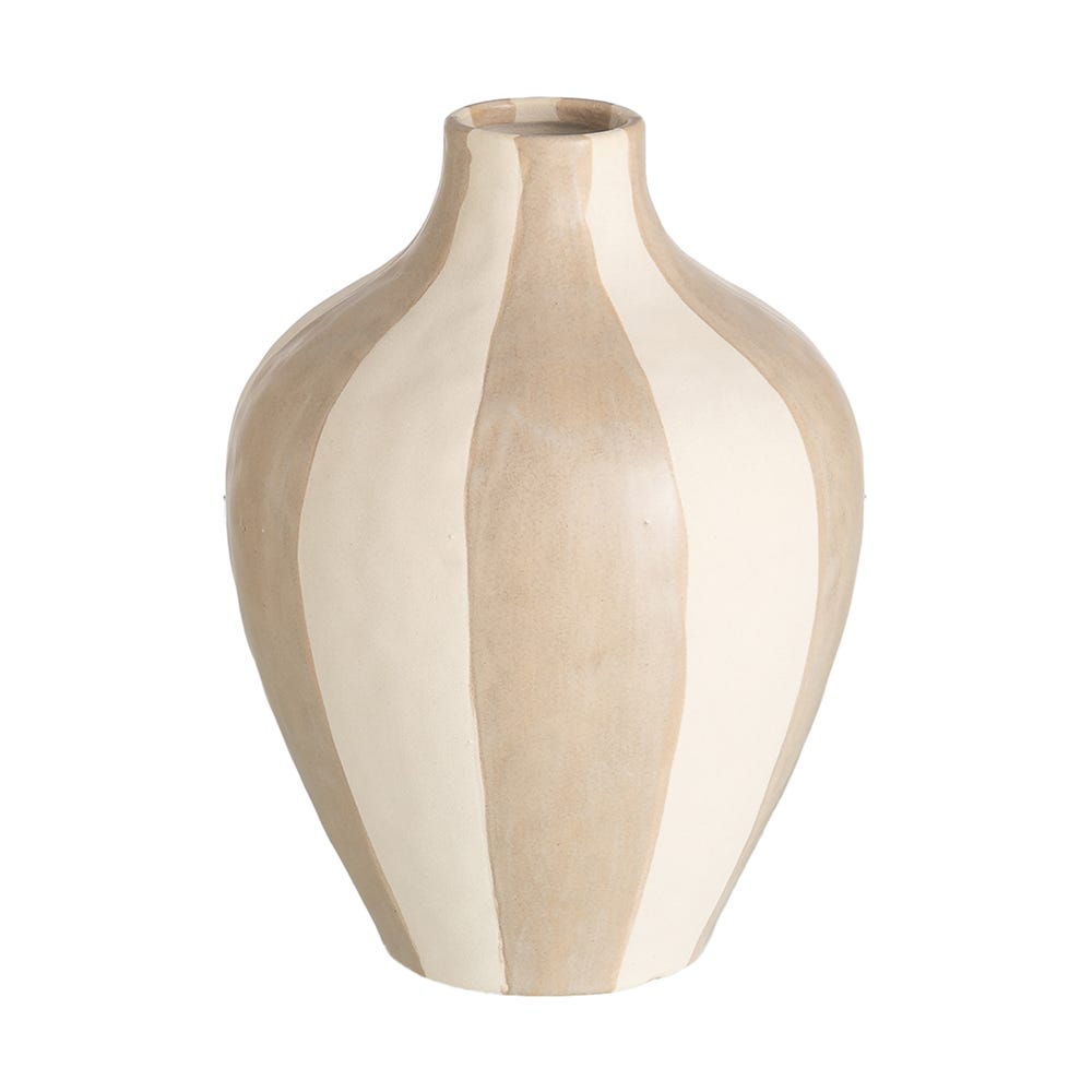 Stil de design - Vază din ceramică cu dungi crem și bej în formă de lacrimă cu gât îngust