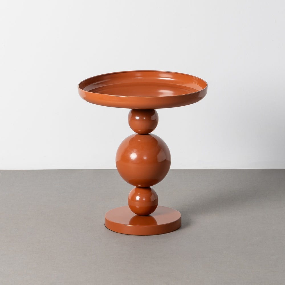 Stil de design - Măsuță laterală din metal terracotta cu tavă rotundă și picior din trei sfere pe bază plată