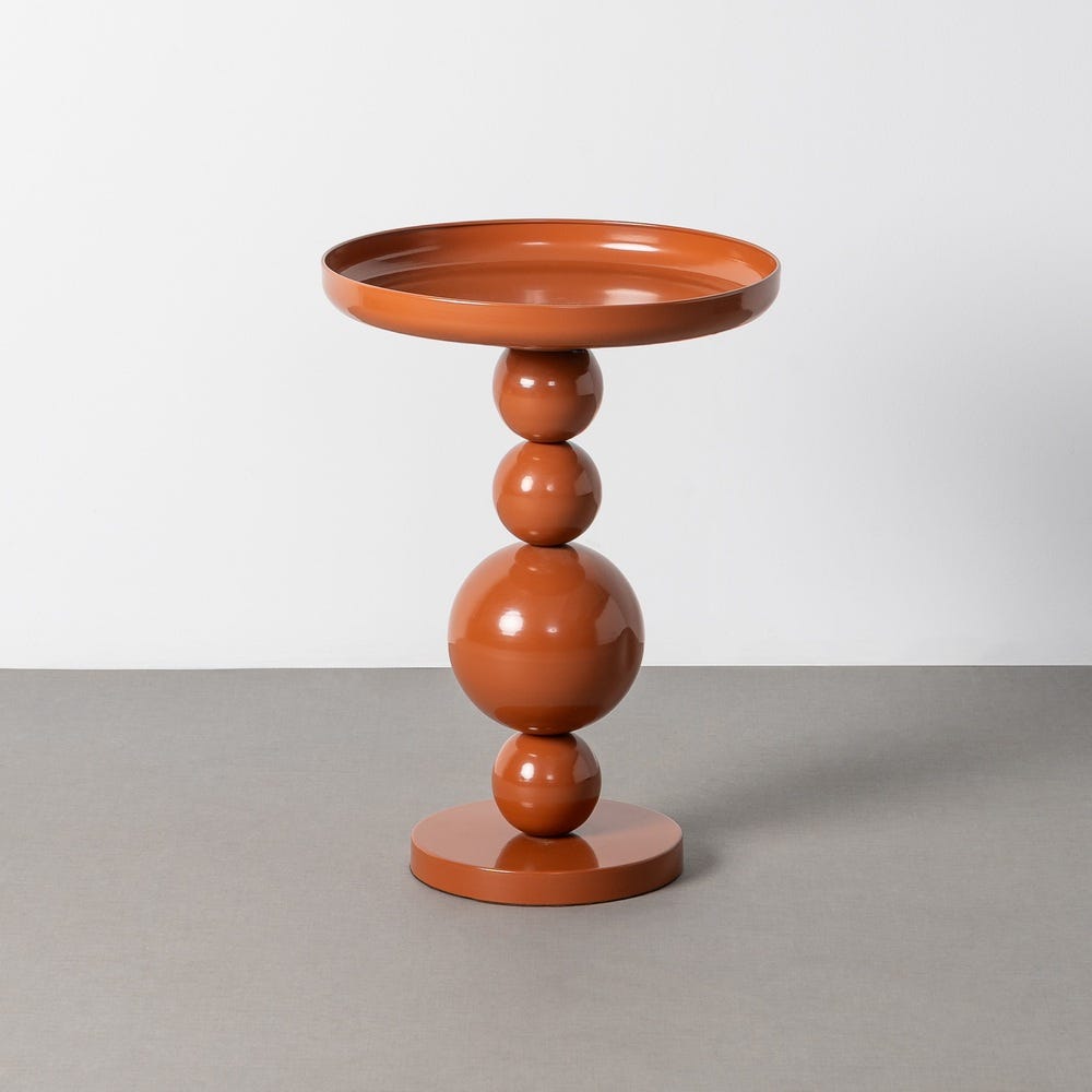 Stil de design - Măsuță înaltă din metal terracotta cu tavă rotundă și picior din patru sfere pe bază plată