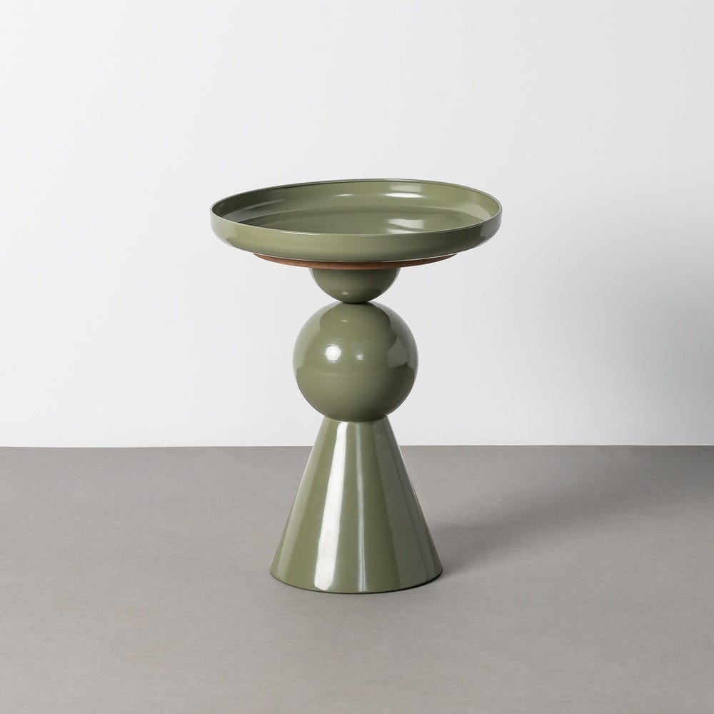 Stil de design - Măsuță laterală din metal verde salvie cu tavă rotundă și picior dintr-o sferă pe bază conică