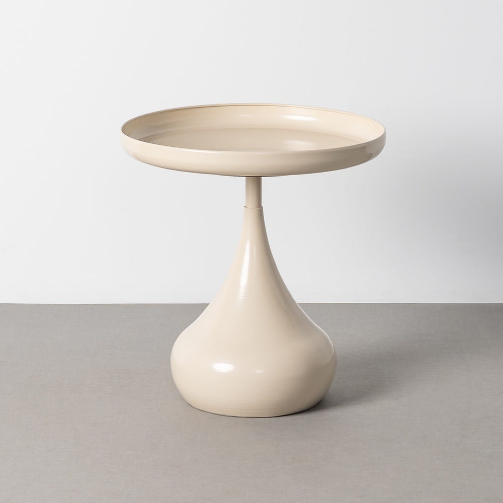 Stil de design - Măsuță laterală din metal crem cu tavă largă și bază lată în formă de picătură