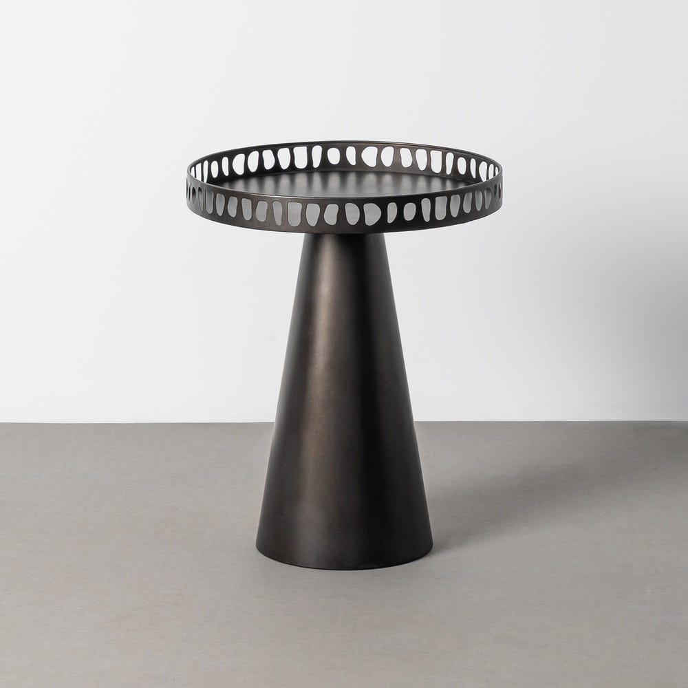 Stil de design - Măsuță laterală din metal negru cu tavă rotundă cu margine decupată și bază conică înaltă