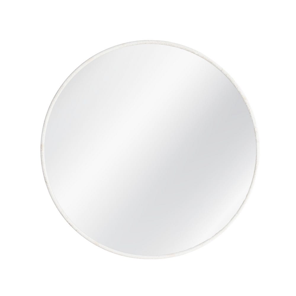 Stil de design - Oglindă rotundă de perete cu ramă din metal alb nisipat cu aspect de var vechi pe un perete