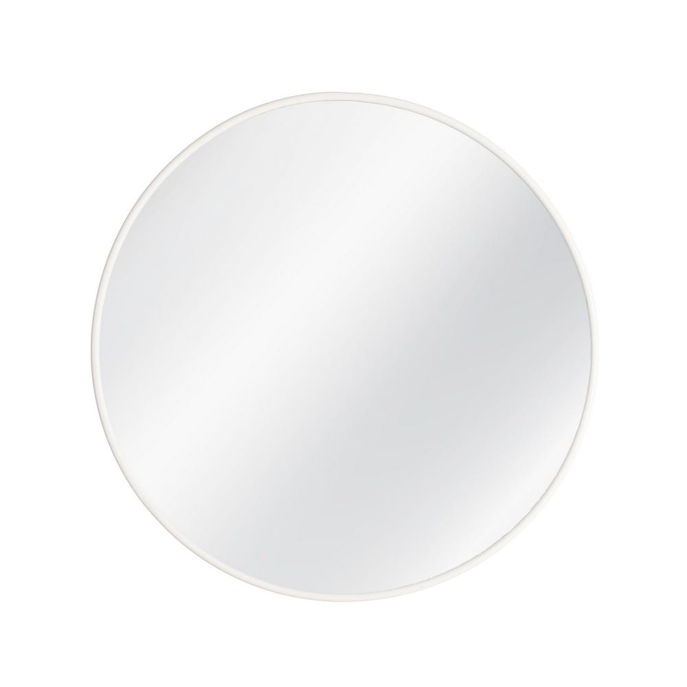 Stil de design - Oglindă rotundă cu ramă din metal alb mat cu contur subțire pentru dormitor pe un perete colorat