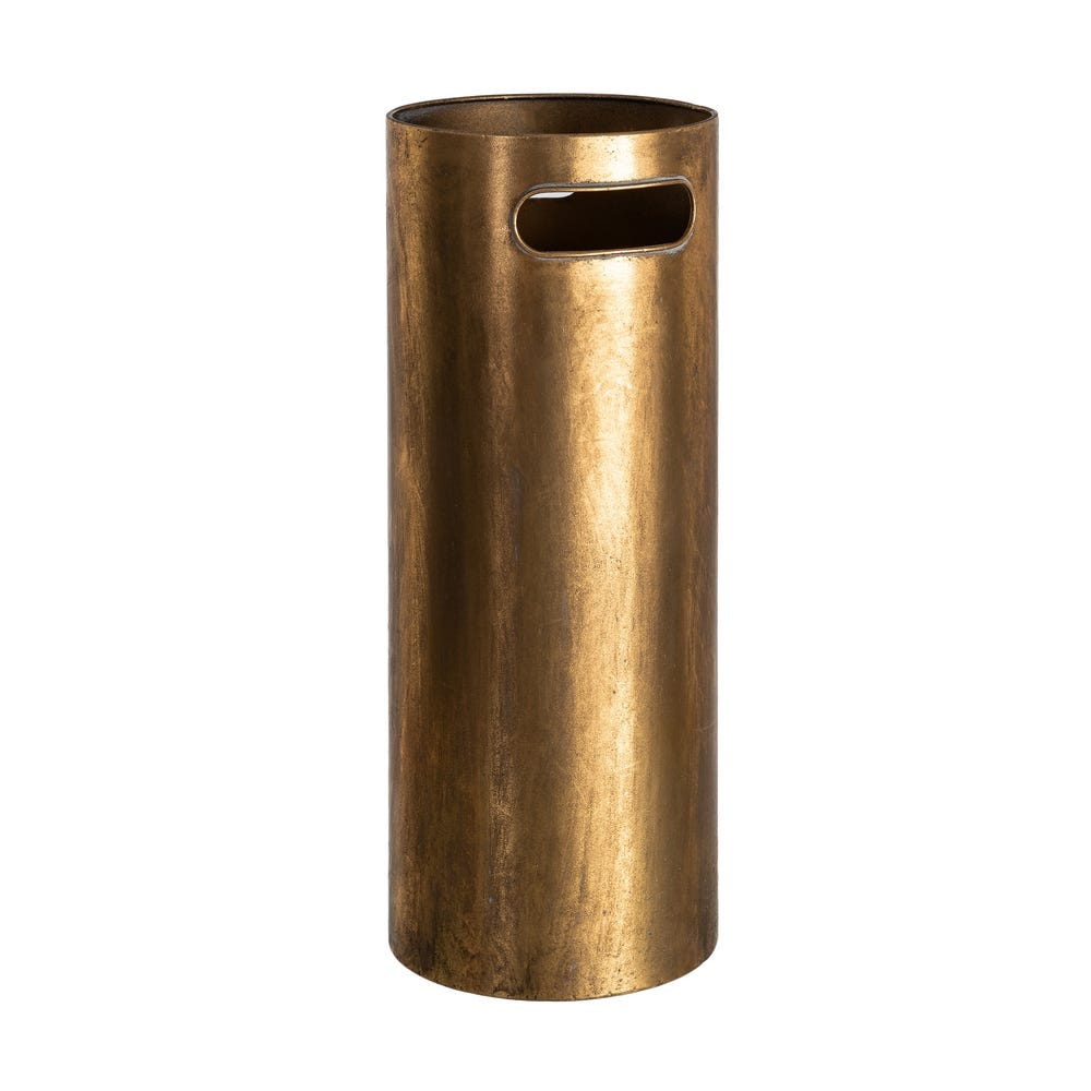 Stil de design - Suport pentru umbrele din metal auriu antichizat cu suprafață netedă și mâner decupat într-un hol
