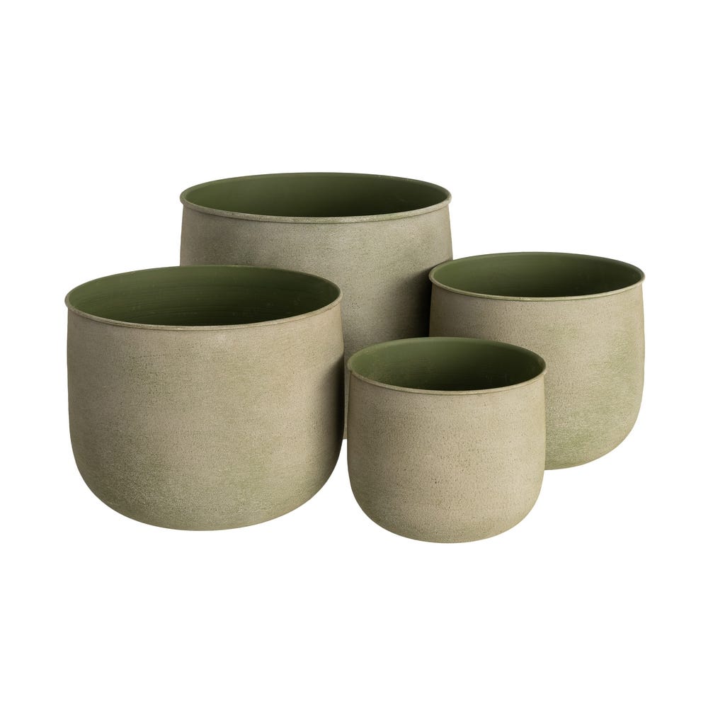 Stil de design - Set 4 ghivece din metal verde mușchi în patru mărimi cu gură rotunjită și orificiu de drenaj