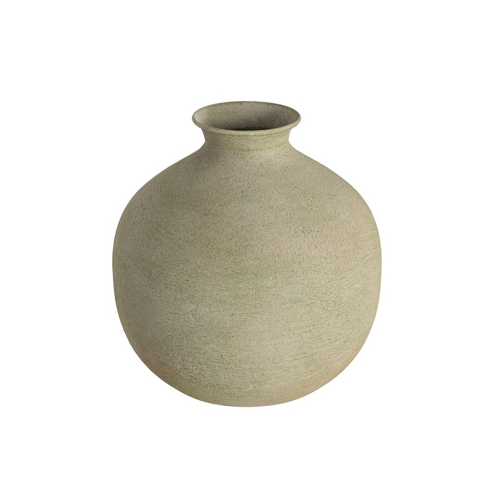 Stil de design - Vază din metal verde mușchi cu corp rotund și gât scurt evazat pe fond alb