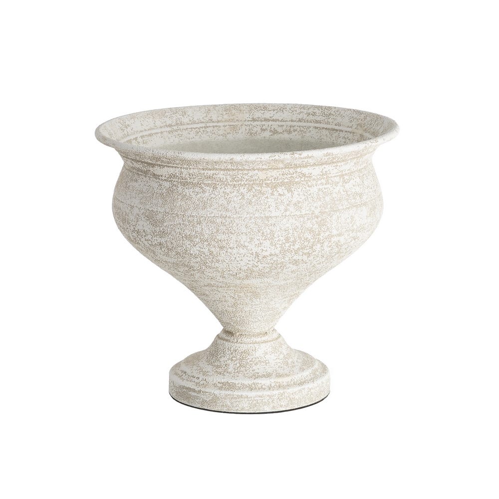 Stil de design - Ghiveci din metal alb nisipat în formă de cupă pe picior cu gură largă pe fond alb