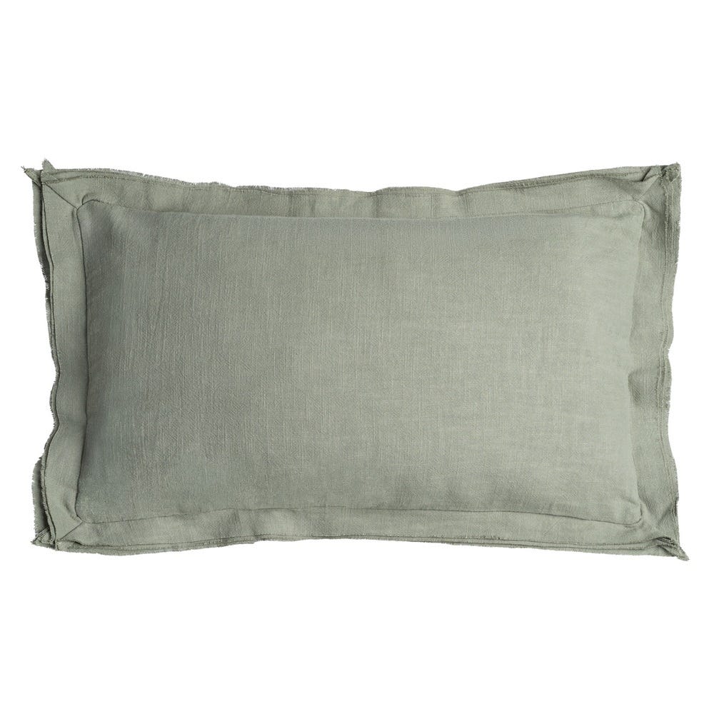 Stil de design - Set 2 perne decorative dreptunghiulare verde salvie din bumbac și in cu bordură largă pe un pat