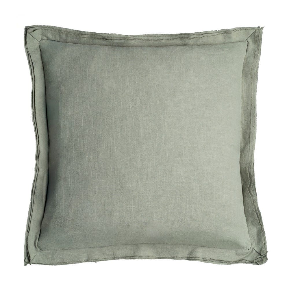 Stil de design - Set 2 perne decorative pătrate verde salvie din bumbac și in cu bordură largă pe o canapea