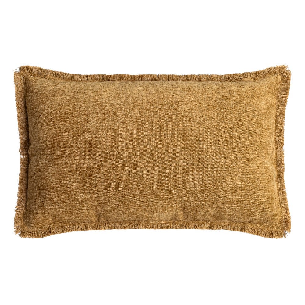 Boho - Set 2 perne decorative dreptunghiulare ocru cu fir de in și țesătură pufoasă și margine franjurată