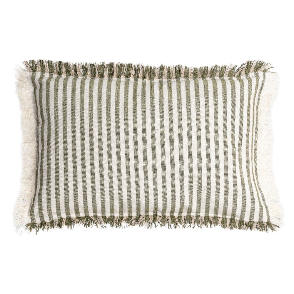 Stil de design - Set 2 perne decorative dreptunghiulare cu dungi verzi pe fond crem din bumbac cu franjuri pe margini