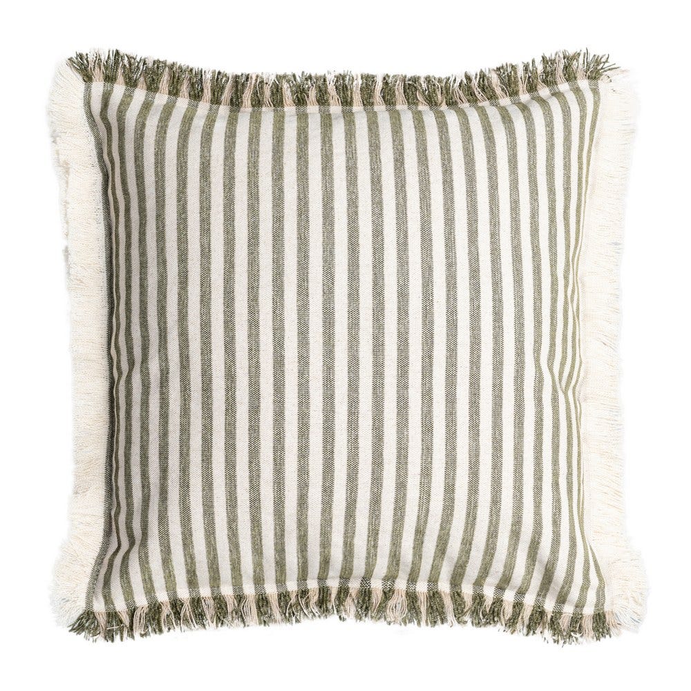 Stil de design - Set 2 perne decorative pătrate cu dungi verzi pe fond crem din bumbac cu franjuri pe margini