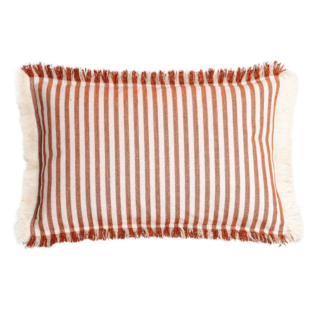 Boho - Set 2 perne decorative dreptunghiulare cu dungi cărămizii pe fond crem din bumbac cu franjuri pe margini