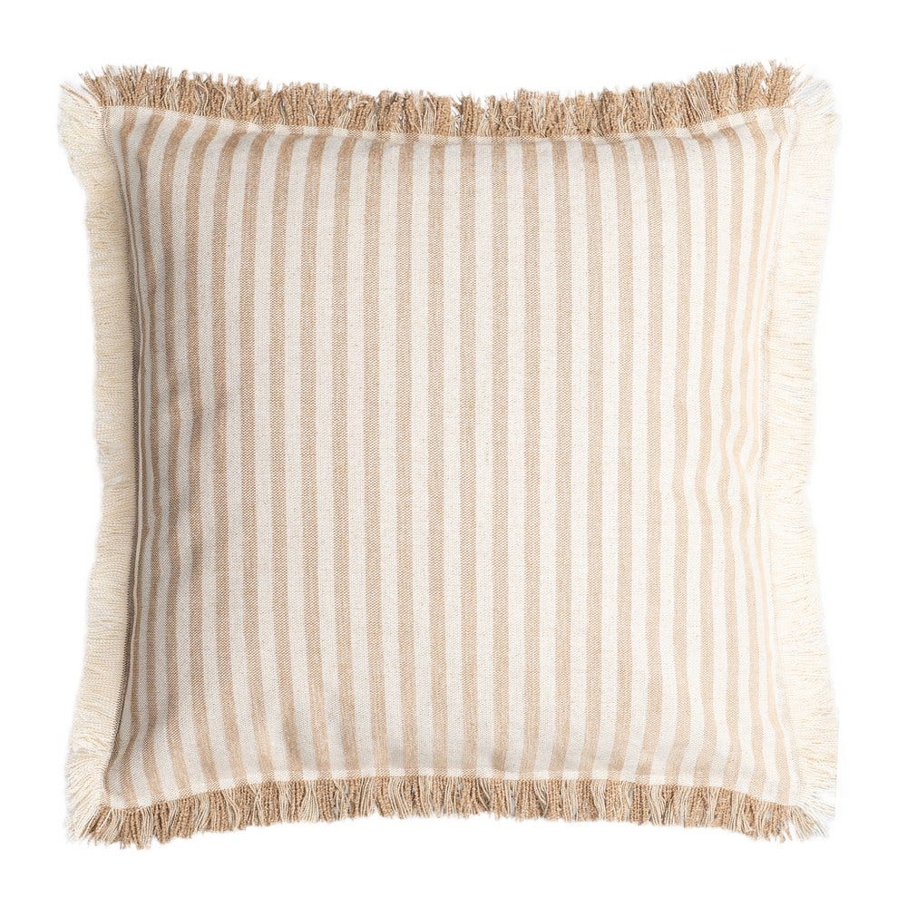 Stil de design - Set 2 perne decorative pătrate cu dungi bej pe fond crem din bumbac cu franjuri pe margini