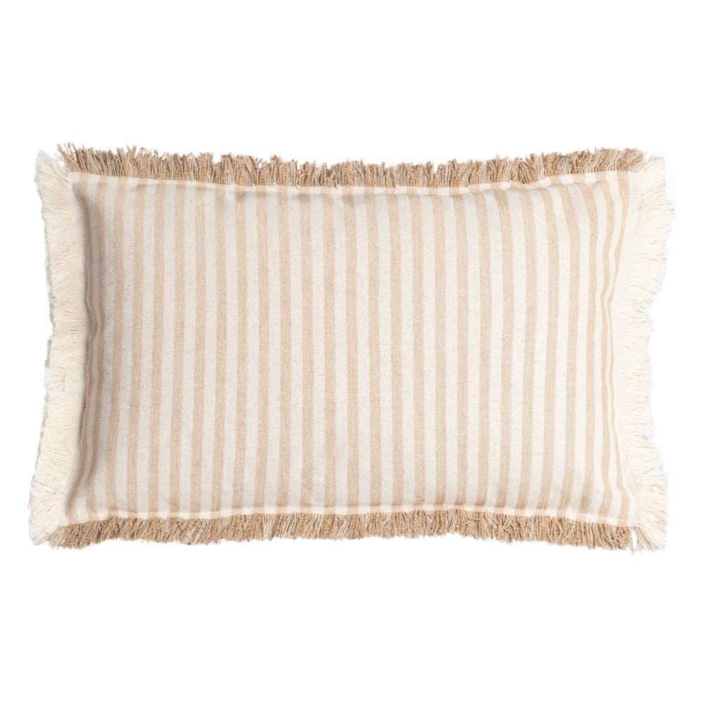 Stil de design - Set 2 perne decorative dreptunghiulare cu dungi bej pe fond crem din bumbac cu franjuri pe margini