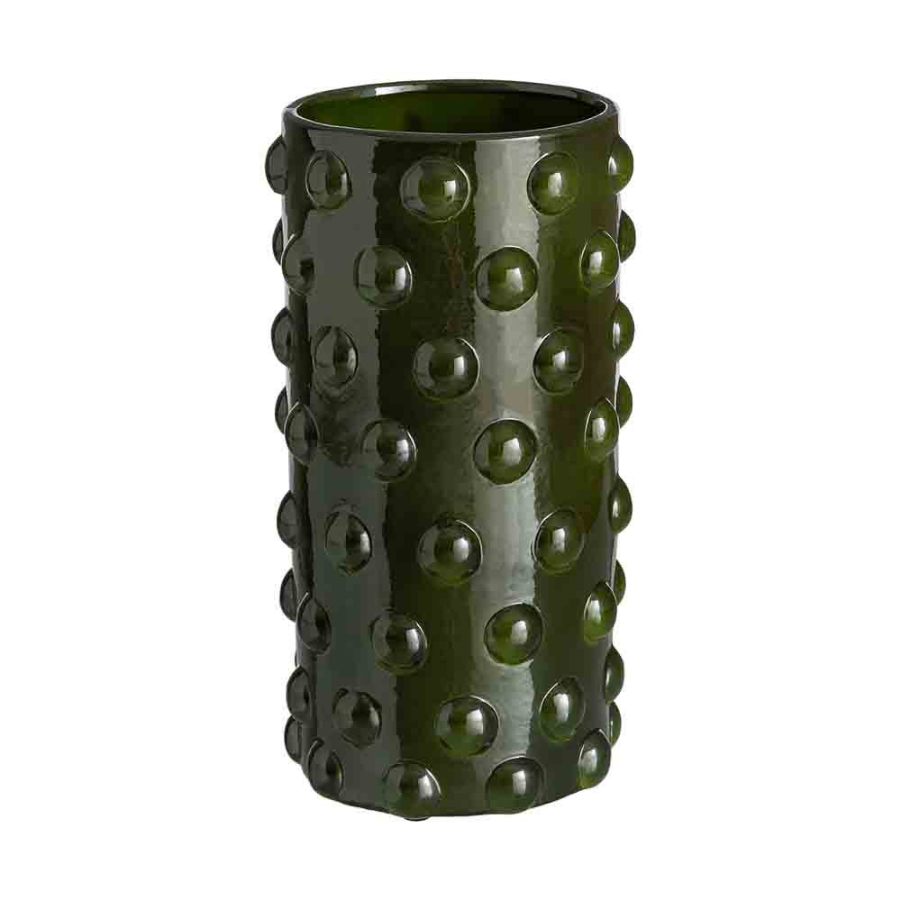 Stil de design - Vază din ceramică verde închis lucioasă cu bile în relief și corp cilindric înalt